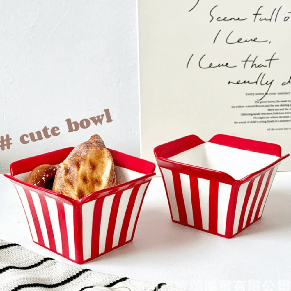 Decorative Ceramic French Fries Bowl Striped Pattern Heat-resistant Snack Bucket Cartoon Square Bowl Popcorn Maker Restaurant Vue