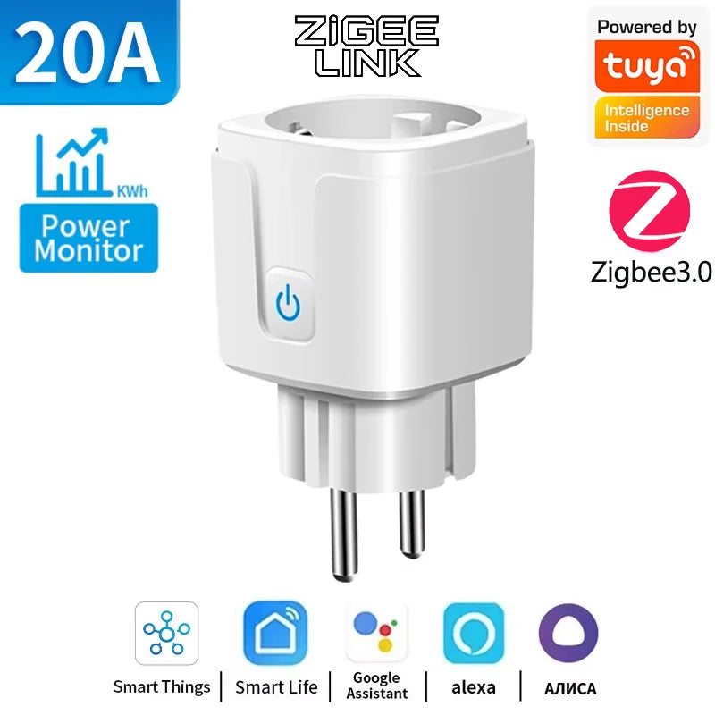 WiFi Zigbee3.0 EU Smart Plug Socket With Power Monitor Timer Function Smart Life Wireless Control Voice Assistant Alexa Google Vue Beige 20A ZigBee3.0