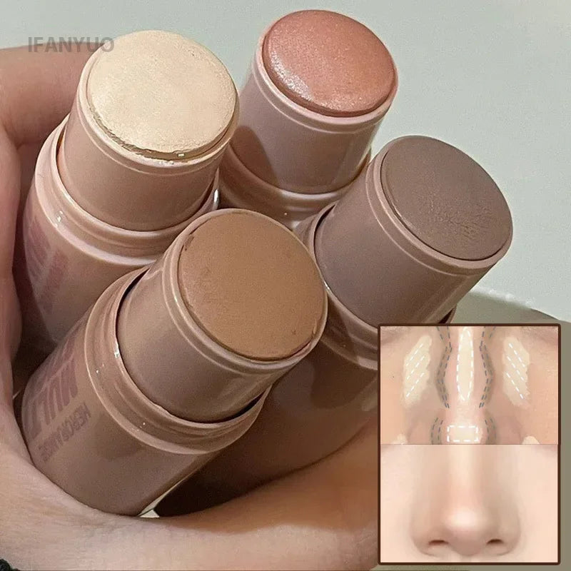 Double Head Contour Stick Bronzer with Brush Face Nose Shadow Cream Highlight Pen Waterproof Lasting Contouring Makeup Cosmetics Vue
