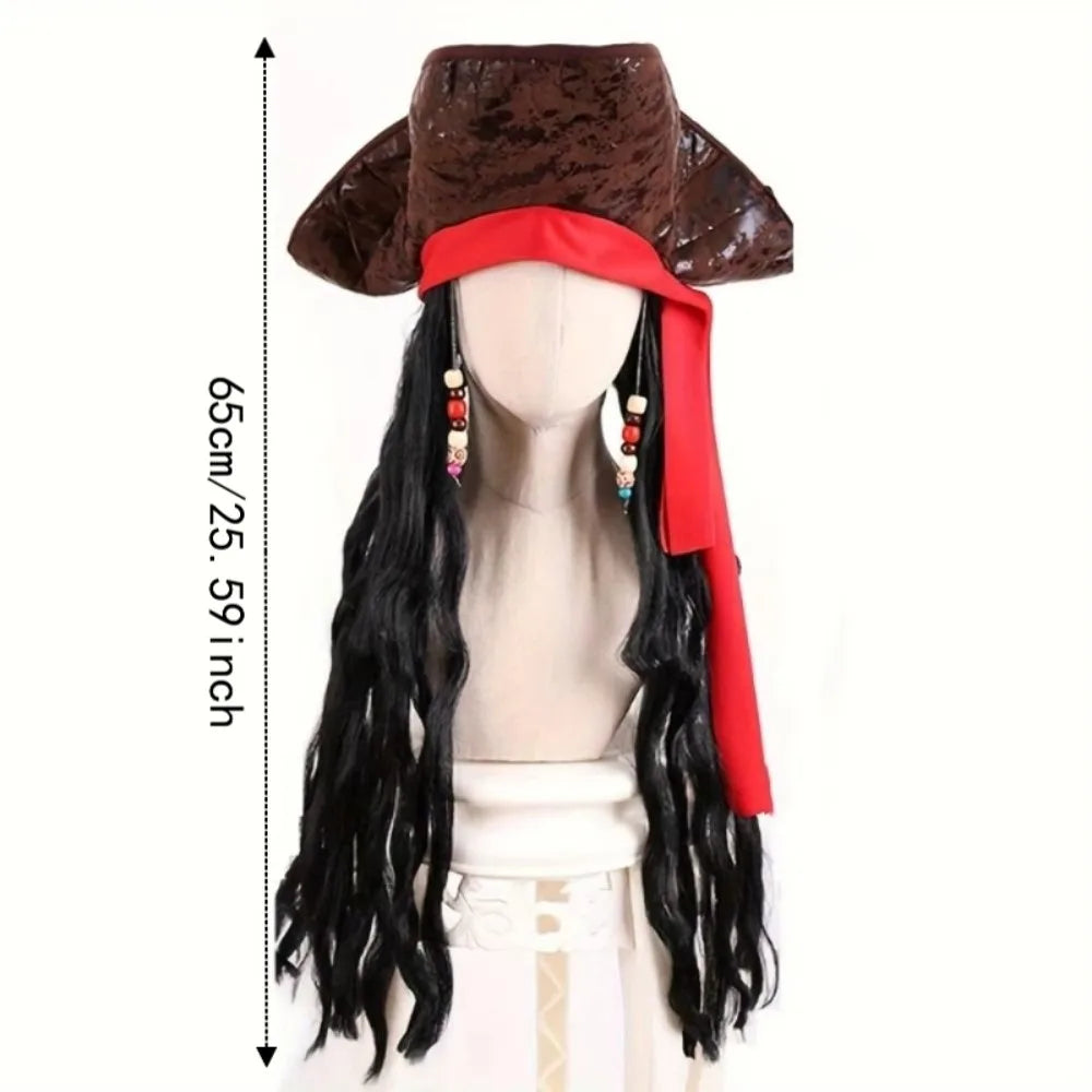Masquerade Curly Hair Pirate Hat Stage Performance Synthetic Fibers Captain Cos Wig Role Play Black Long Cosplay Wig Halloween Vue