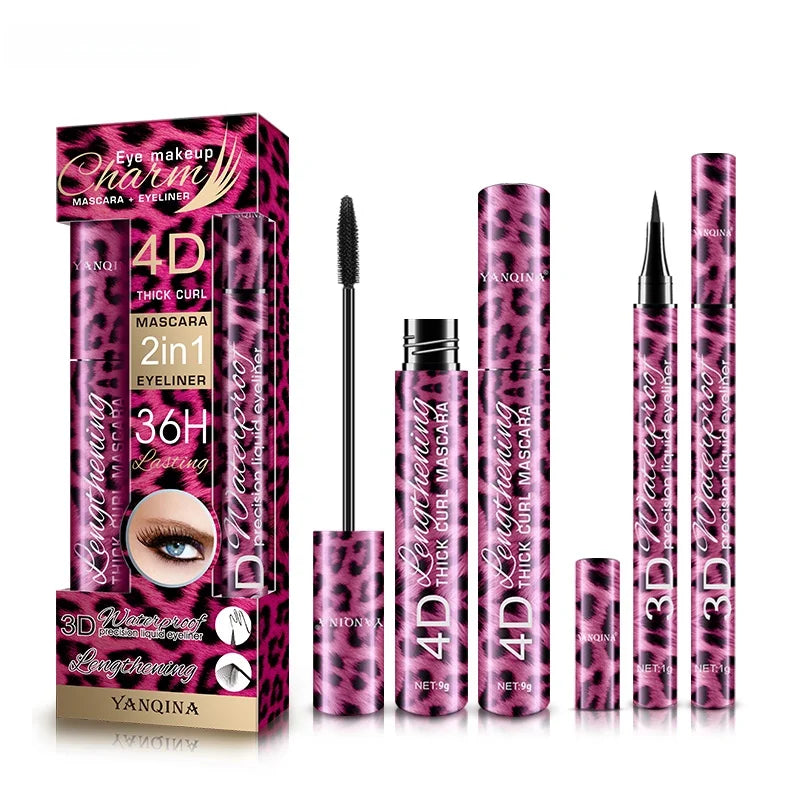 Yanqina Leopard Print Eyeliner + Mascara Two-In-One Set Waterproof and Smudge-Proof Makeup Vue 8836