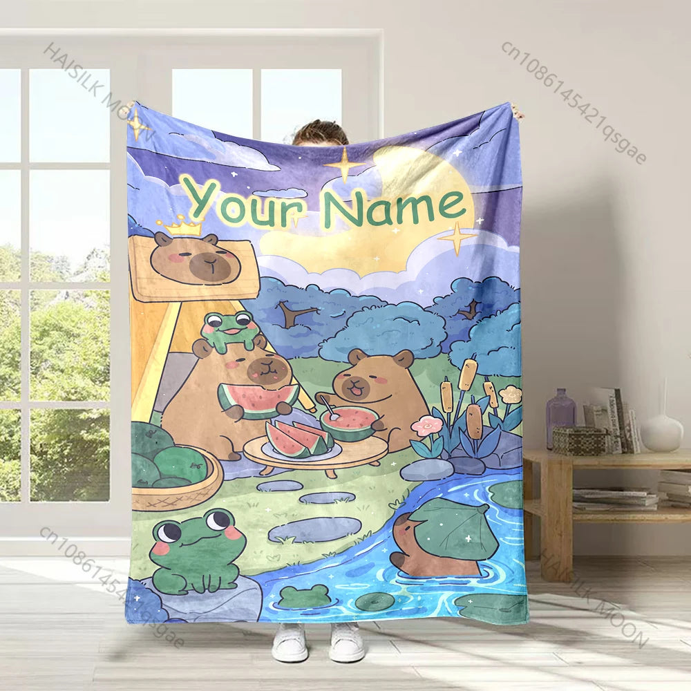 Cartoon Capybara Print Customized Name Blanket Soft and Comfortable for Home Sofa Office Outdoor Travel Camping Picnic Blanket Vue Style B 180x230cm(71x91in)