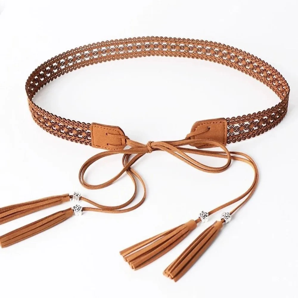 Retro Bohemian Long Tassel Braided Belt Rope Knotted Hollow Pattern Vue Brown
