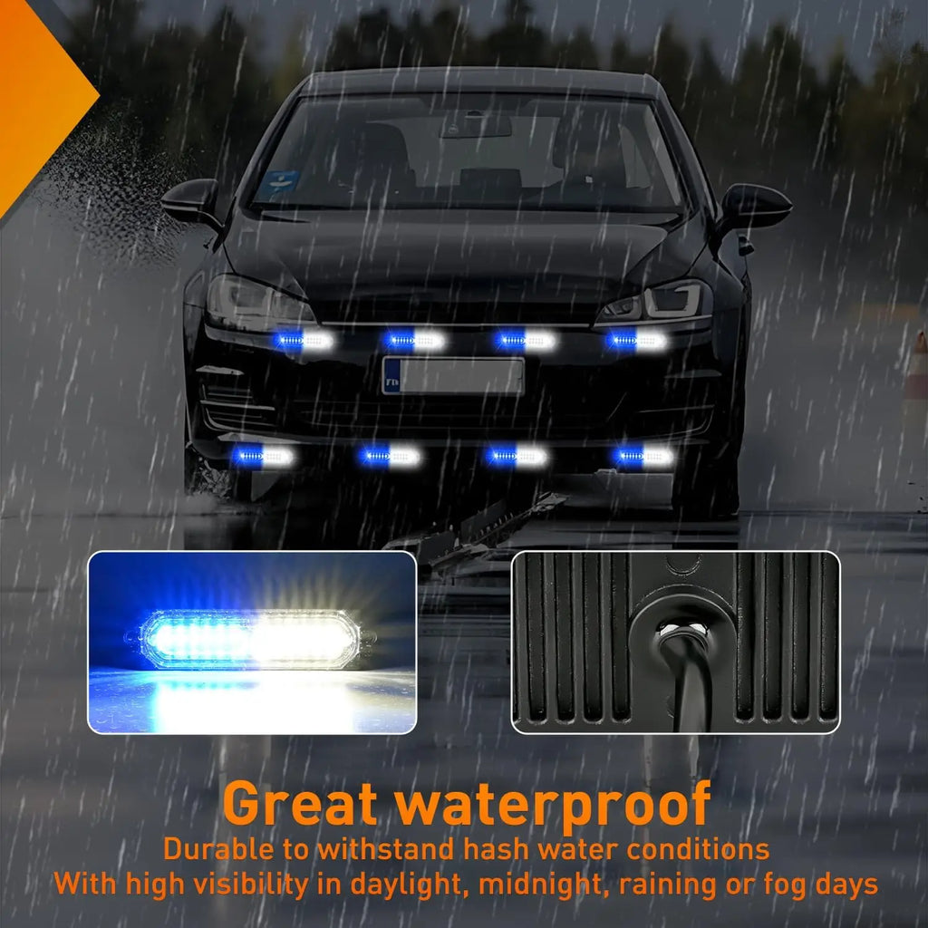 Nilight 12LED Blue White LED Strobe Lights 12V Surface Mount Flashing Warning Hazard Sync Mini Grille for Cars Trucks SUV 8pcs Vue
