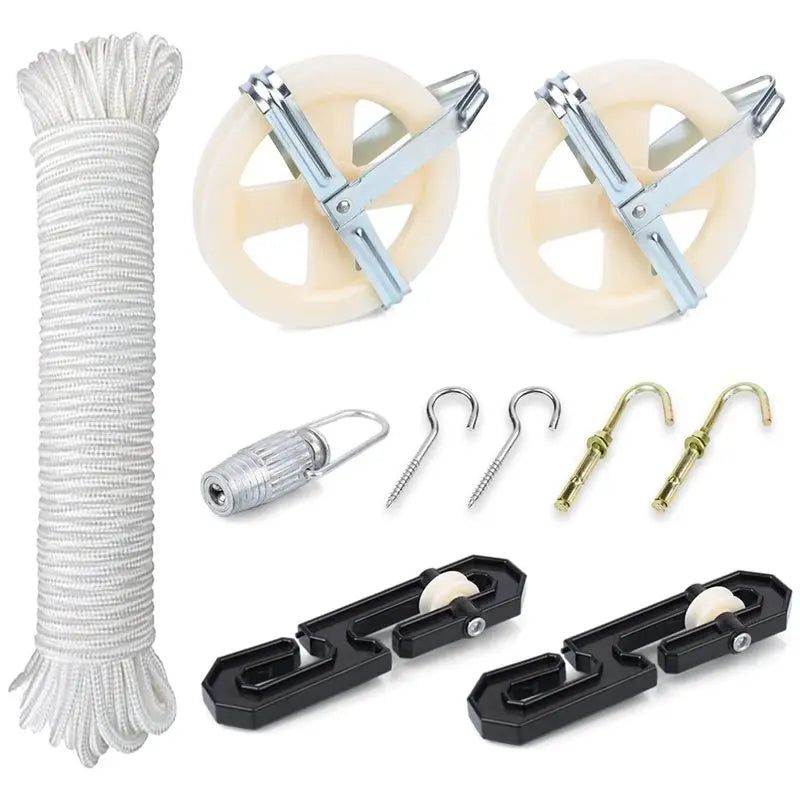 ABKW-Clothesline Kit, Nylon Clothesline Pulley Kit, 150Ft Outdoor Heavy Duty Polyester Clothes Line Rope Vue As Shown