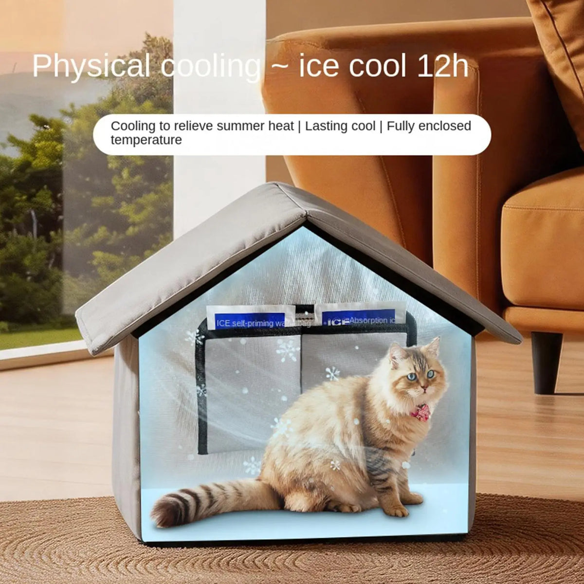 Cooling Cat House for Summer Waterproof Foldable Cave with 8 Ice Packs for Puppy Kitten Indoor Outdoor Sleeping Rest Hot Weather Vue
