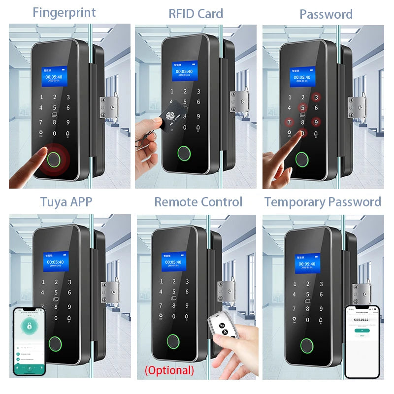 Tuya Bluetooth Biometric Glass Door Smart Lock Fingerprint Password Card Electronic Digital Lock Office Business Departments Vue