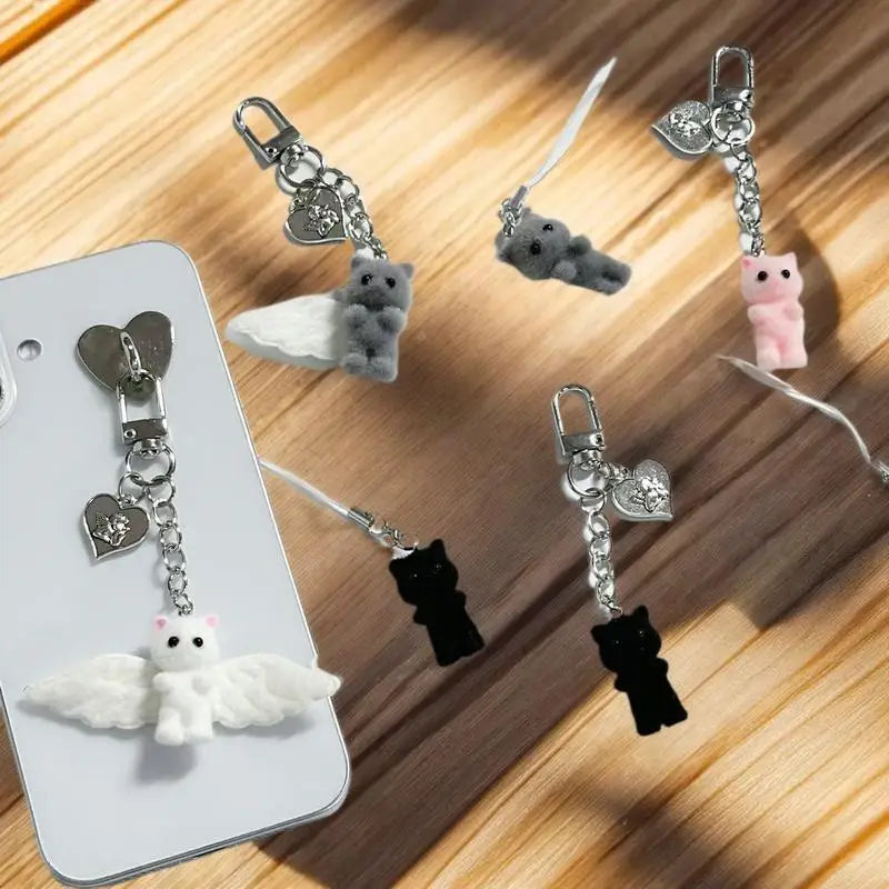 Cute Flocked Angel Wings Cat Keychain Kawaii Heart Phone Chain Anti-Lost Lanyard Bag Decor Gift Vue