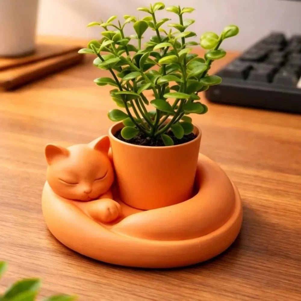 3D Printed Cat Sleeping Flowerpot Plastic Cartoon Animal Shaped Planter Lying Cat Shape Uniquely Cat Desktop Ornament Study Room Vue Orange