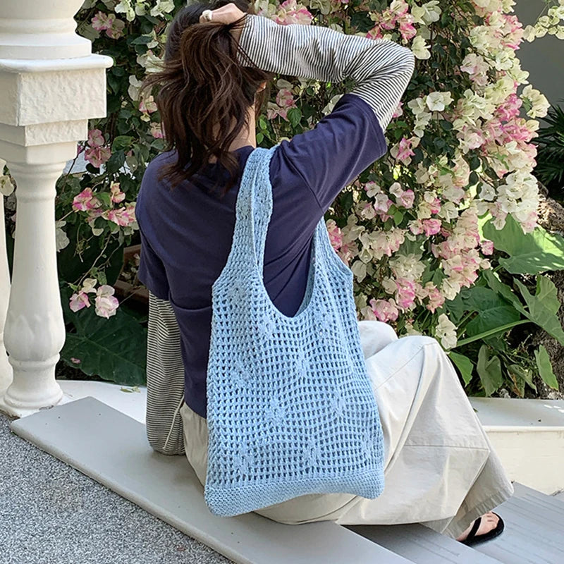 Hollow Out Knitted Weave Shoulder Bag Solid Braided Shopper Tote