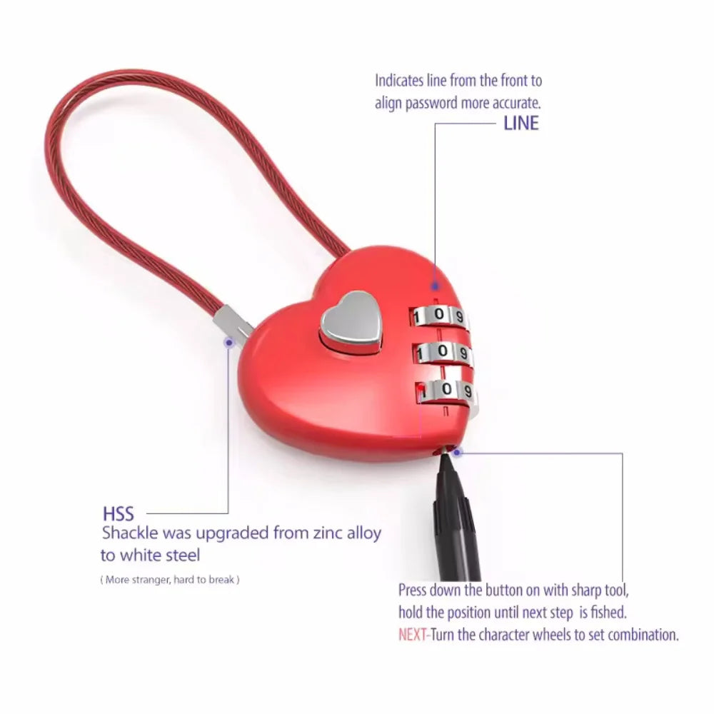 Portable Zinc alloy 3 Digit Password Lock Wire Rope Anti-theft Backpack Zipper Lock Padlock Luggage Combination Lock Travel Vue