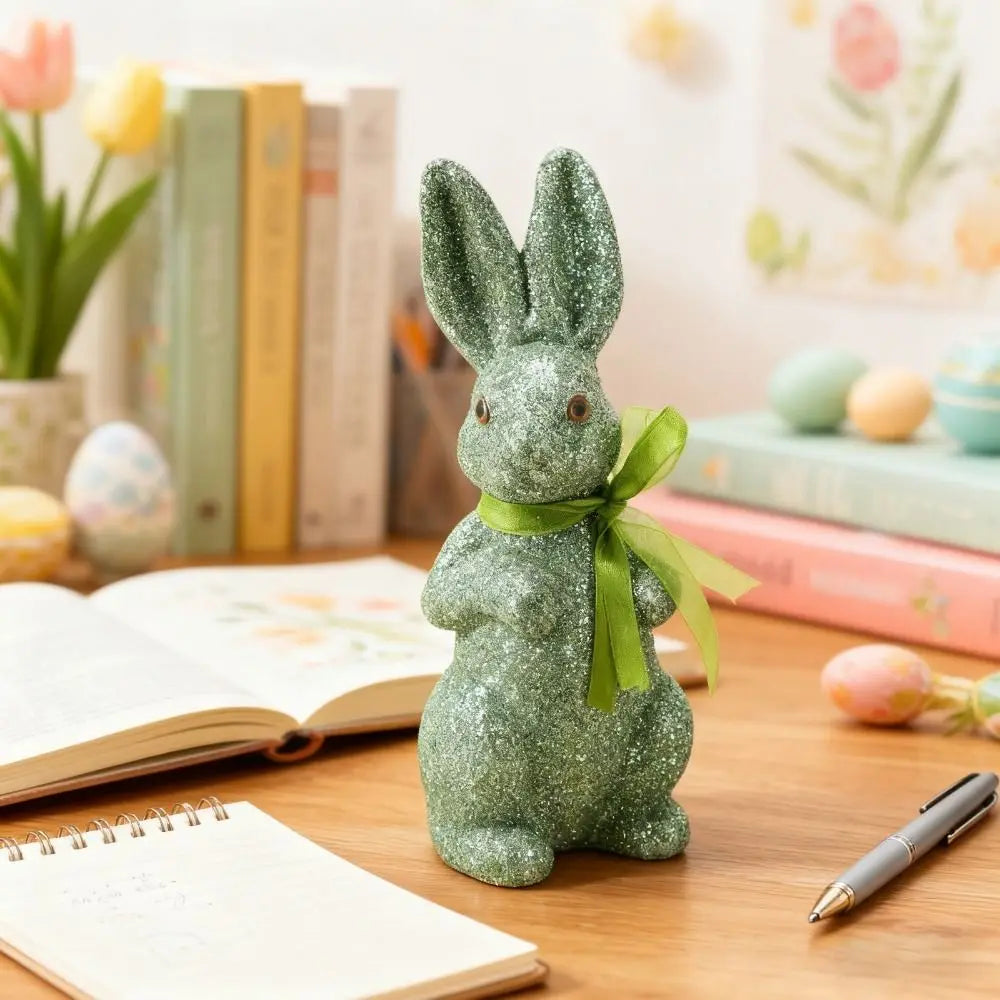 Creative Simulated Easter Bunny Figurine Cute Colorful Foam Rabbit Figures Decorative with Ribbon Glitter Bunny Figurine Garden Vue
