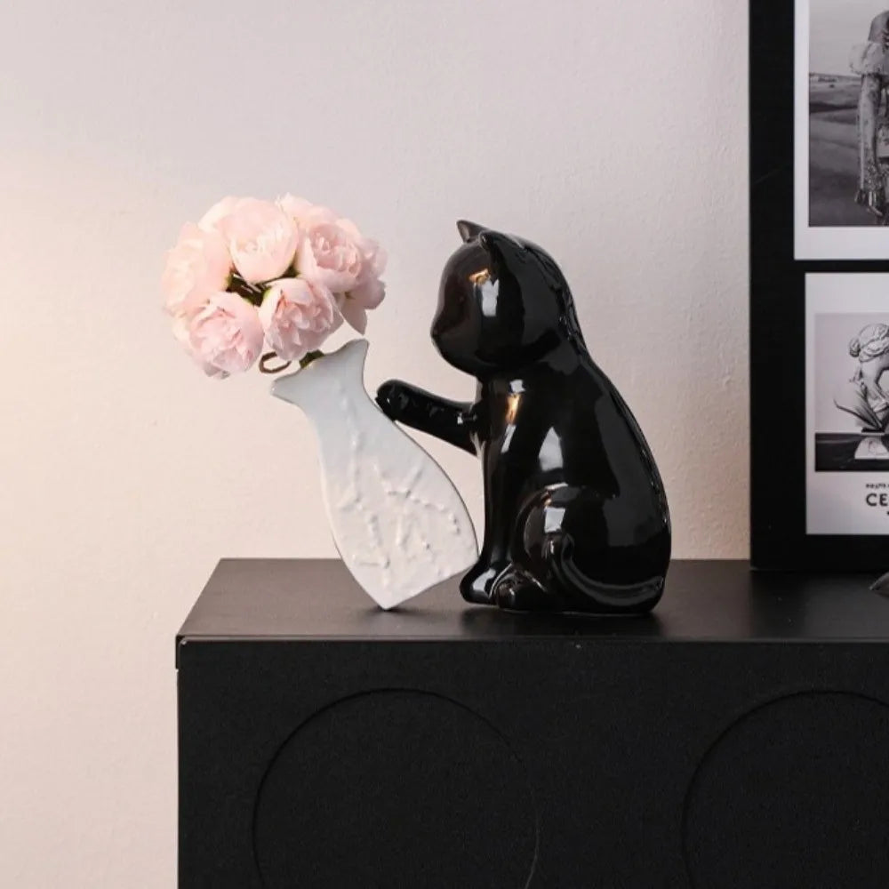 Artistic Ceramic Cat Pushing Vase Unique Handmade Kitten with Tilted Flower Vase Cat Statue Flower Holder Home Decor Vue
