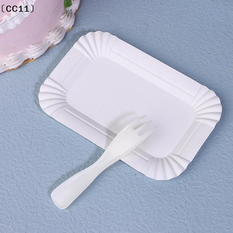 5/10/20/30 set White Birthday Cake Knife Fork Set Plastic Disposable Dinner Plate Set Baking Cake Tableware〔CC11〕 Vue