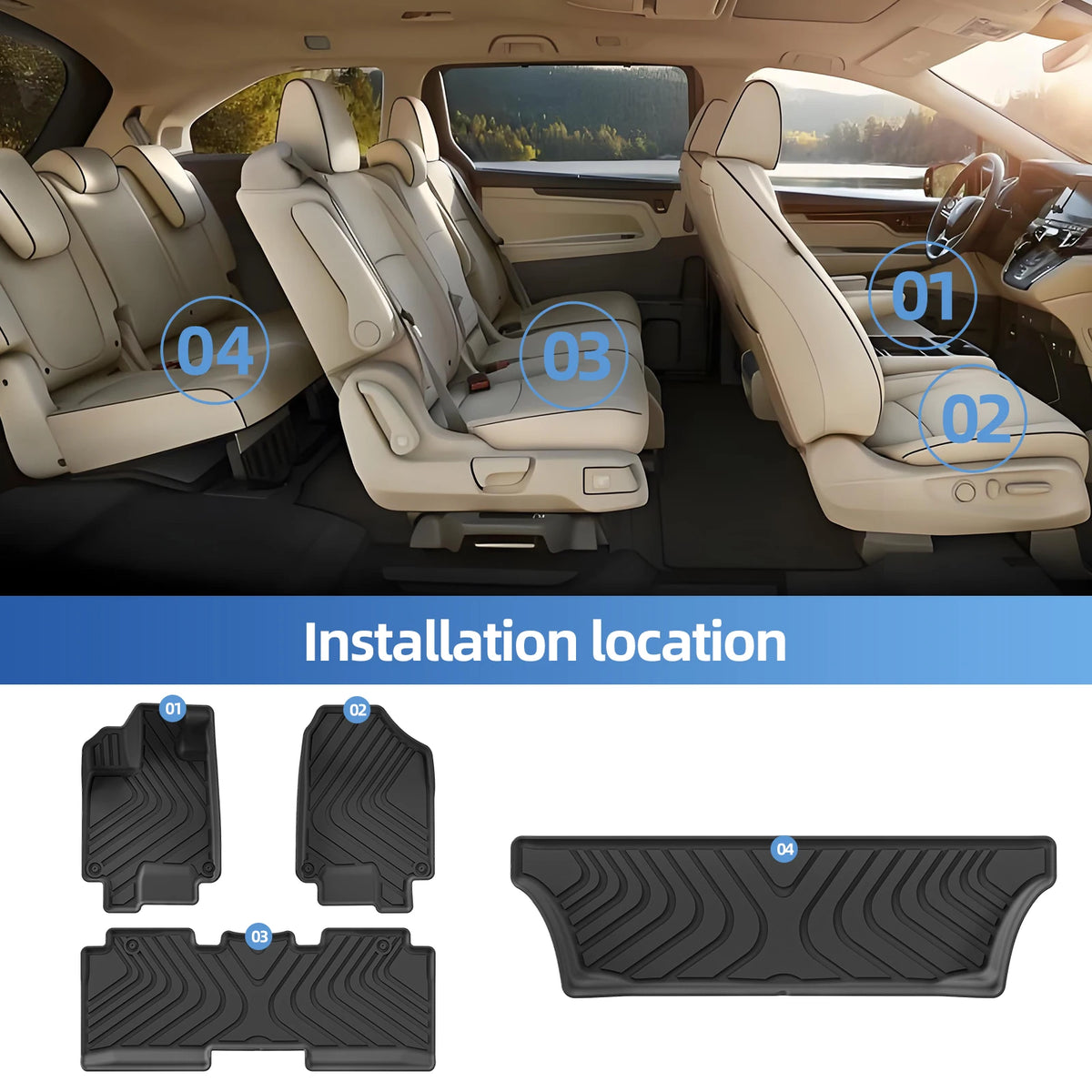 for Honda Odyssey (7Seats only) 2018-2025 2026 Mini Passenger Van TPE 3D Car Floor Mats Cargo Liner Trunk Pad Left Rudder Black Vue