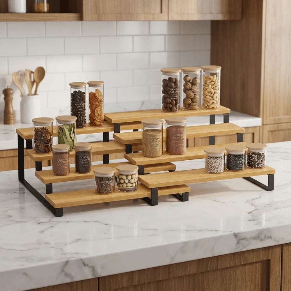 Bamboo 3 Tier Spice Rack Detachable Large Capacity Expandable Step Storage Rack Space Saving Model Display Stand For Kitchen Vue