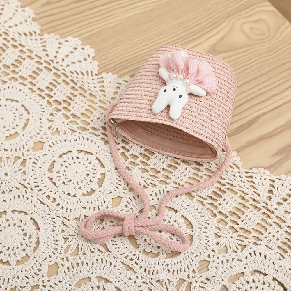 Summer Beach Cartoon Bunny Mini Straw Bag Zipper Handmade Woven Kid