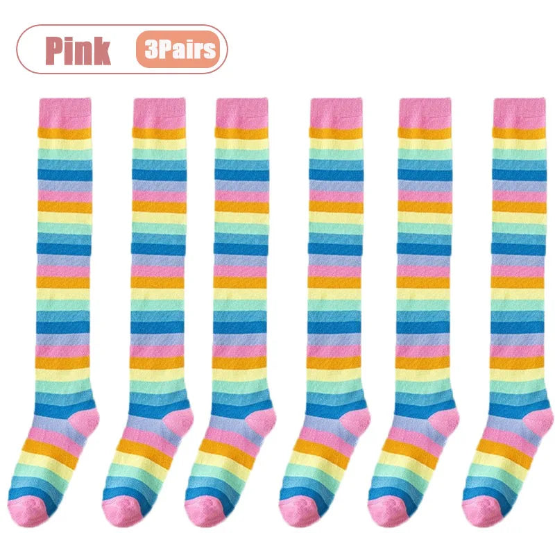 1-10Pairs Multicolor Stripe Over Knee Socks for Women Halloween Party Cosplay Performance Thigh High Long Leg Stockings Stretchy Vue One Size Pink-3Pairs
