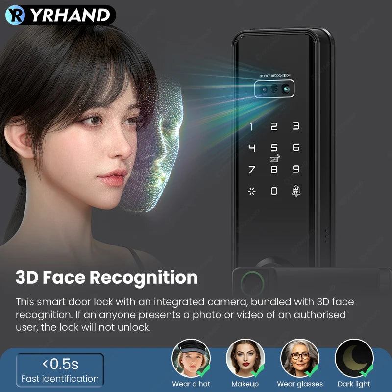 YRHAND Ttlock App 3D Face Recognition Digital Door Camera Fingerprint Cerradura Inteligente Electronic Smart Door Lock For Home Vue