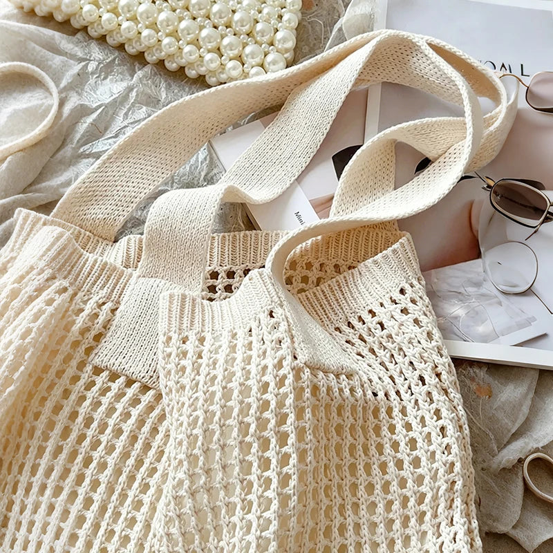 Women Girls Knitted Shoulder Bags Retro Hollow Woven Large Capacity