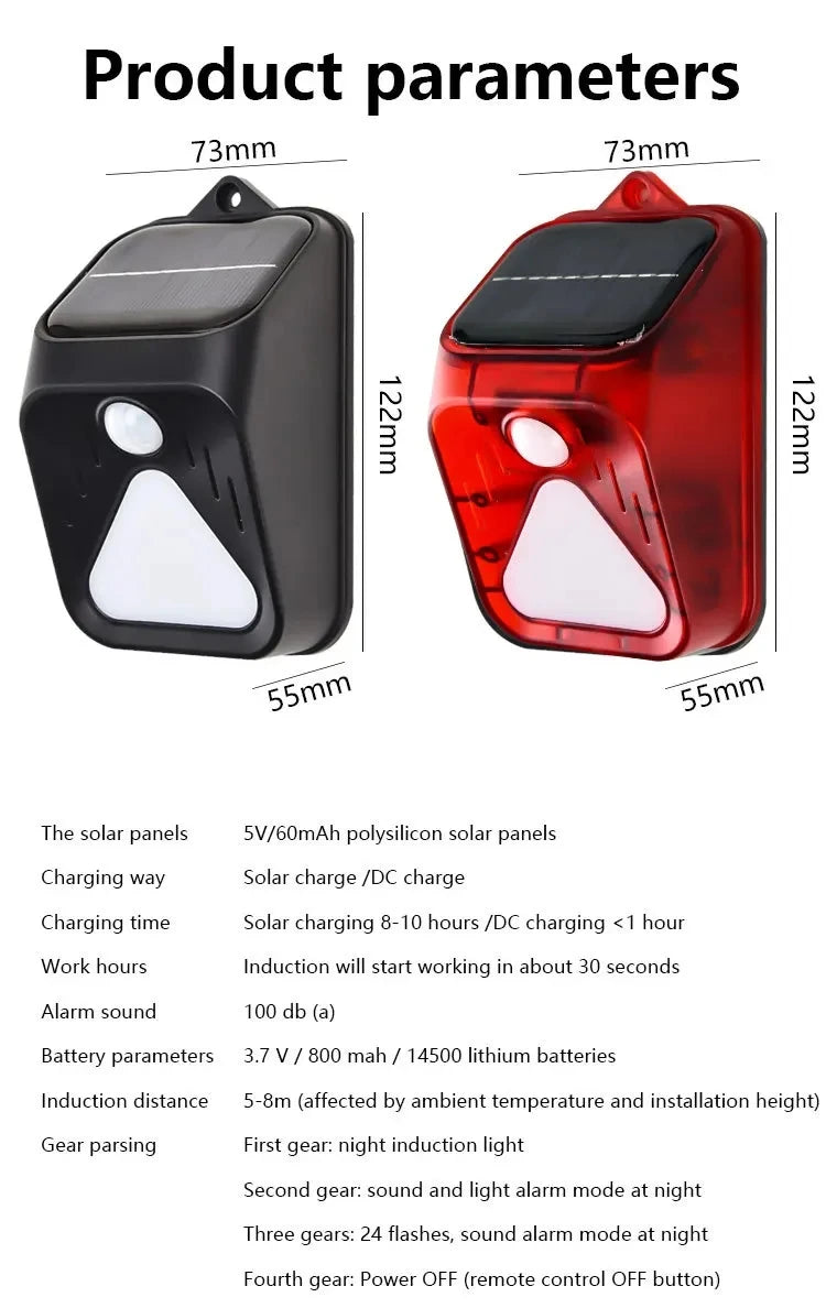Solar Powered Waterproof Alarm Light Motion Sensor Detector Siren Strobe Alarm System Pet For Home Yard Outdoor Security Vue