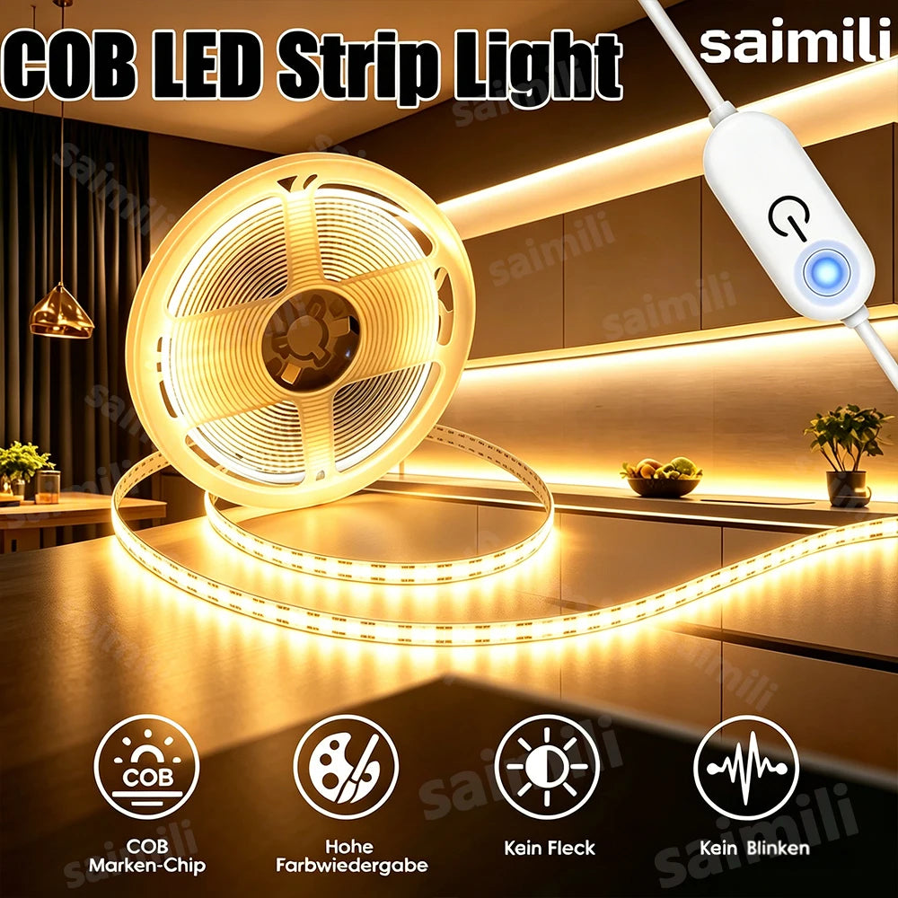 COB LED Strip Light USB 5V Touch Switch Dimmable Flexible Lamp 320 LEDs/M Flexible Tape For Home Room Christmas Party DIY Decor Vue