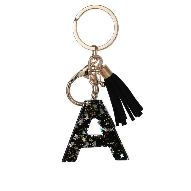 Black Glitter Resin Initial Letter Keychain A–Z Tassel Charm