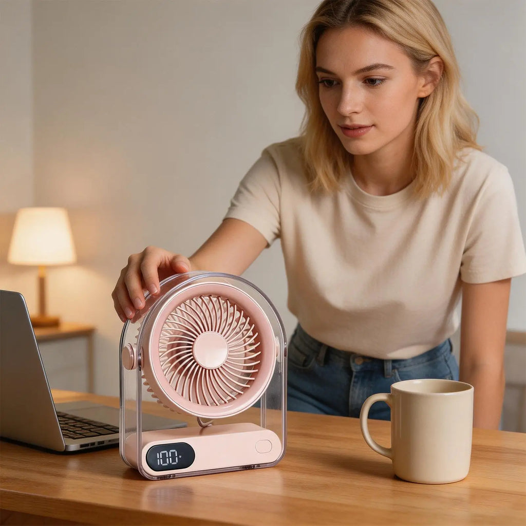 15.5x6x19cm Mini USB Desk Fan, 5-Speed Rechargeable Portable Table Fan with Digital Display, Quiet Personal Air Cooler For Home Vue