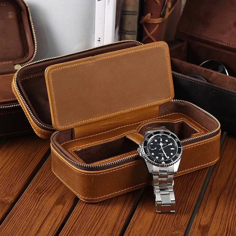 Retro Crazy Horse Leather Rectangle Watch Box Single Pack Travel Zipper Leather Premium Watch Storage Box Vue