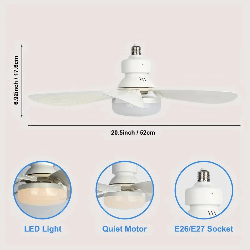 LED 40W Socket Ceiling Fan with Light, 20.5in Screw Ceiling Fans with Lights with Remote, for Bedroom/Garage/Kitchen Vue 40W 52cm Fan Light 6 85-265V