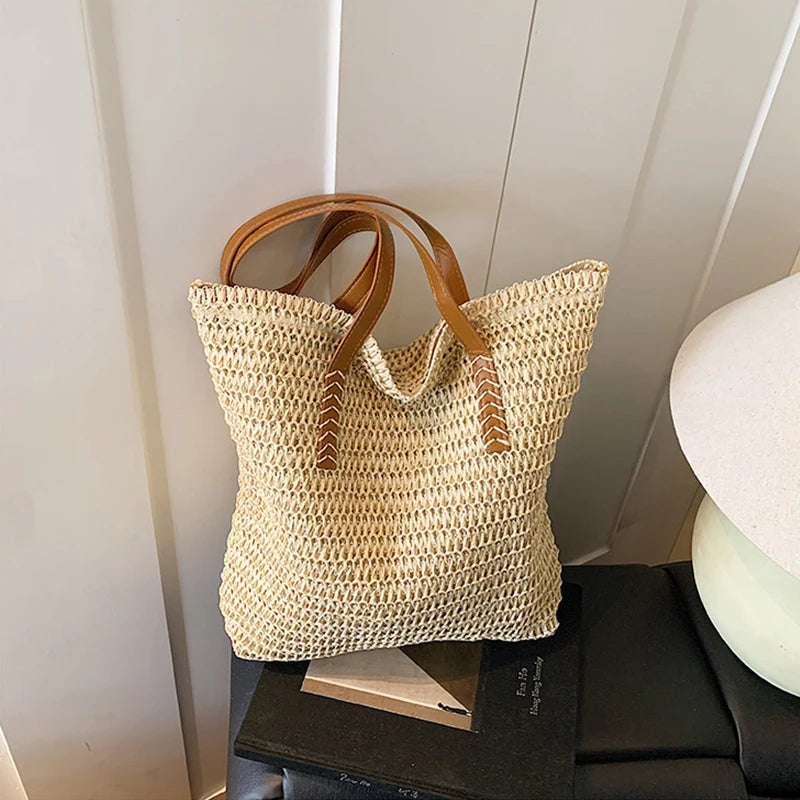 Women Top-handle Bags Straw Summer Beach Bucket Bag Woven Tote Purse