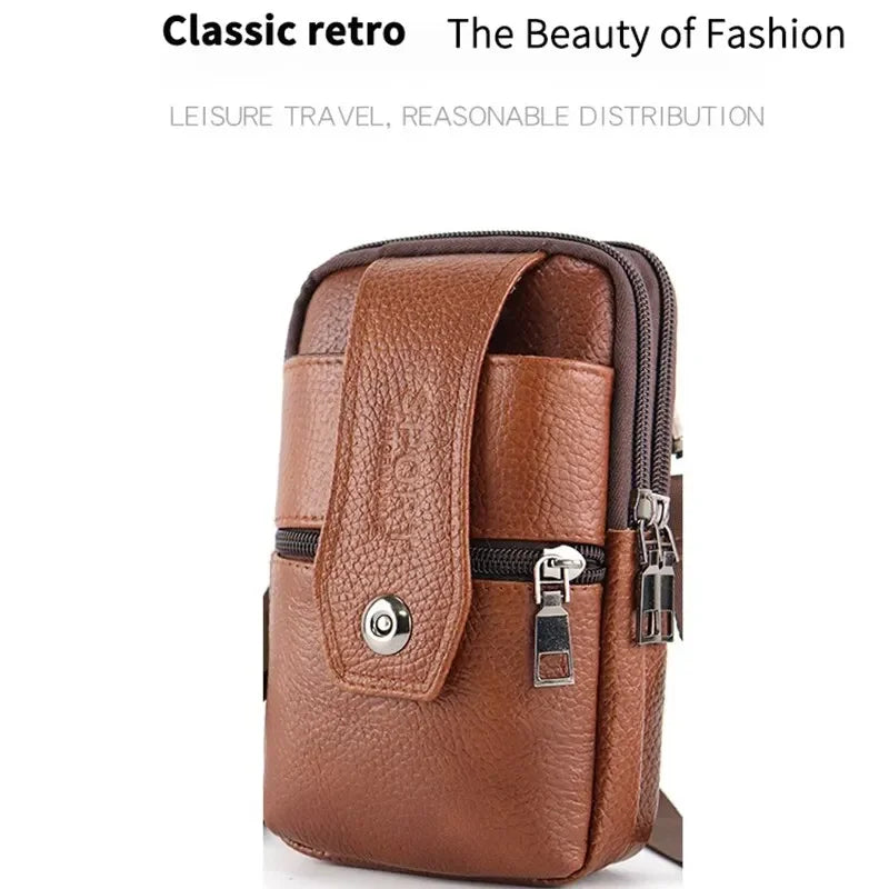 Men Leather Waist Bag Large Capacity Belt Bag Brown Shoulder Bags Crossbody Bags Multi-layer Buckle Mobile Phone Bag Bum Pouch Vue