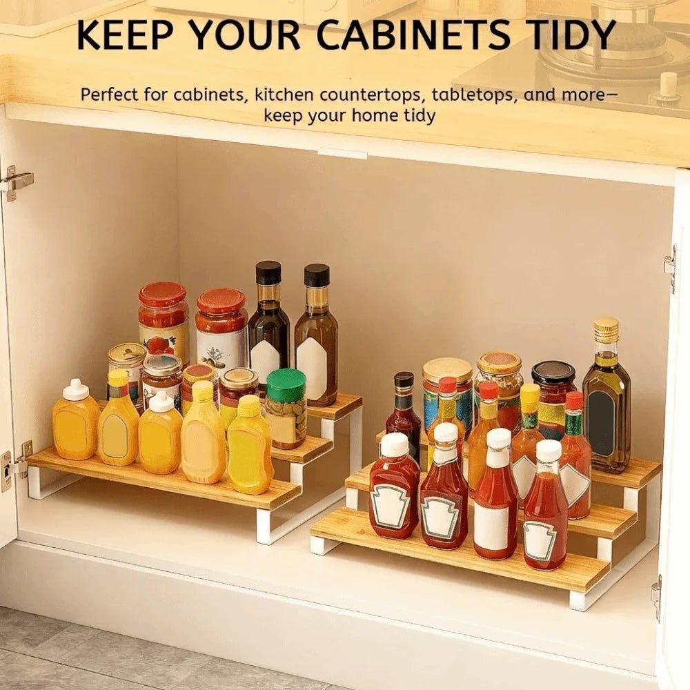 Bamboo 3 Tier Spice Rack Detachable Space Saving Spice Condiment Shelf Large Capacity Expandable Step Storage Rack Bathroom Vue