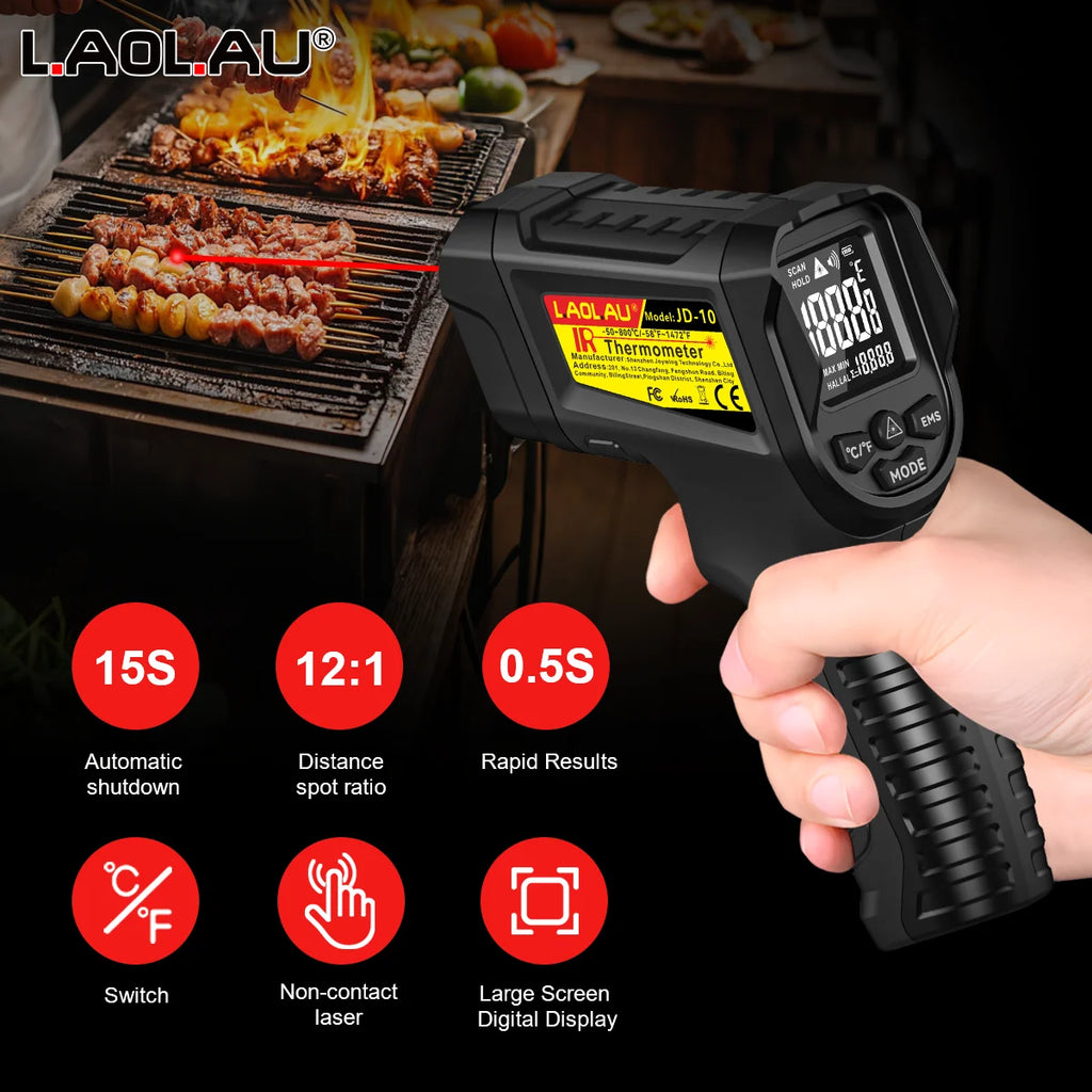 JD-10 Industrial IR Thermometer Gun -50°C~800°C Laser Temperature Gun High/Low Alarm Adjustable Emissivity for Home/Factory/BBQ Vue