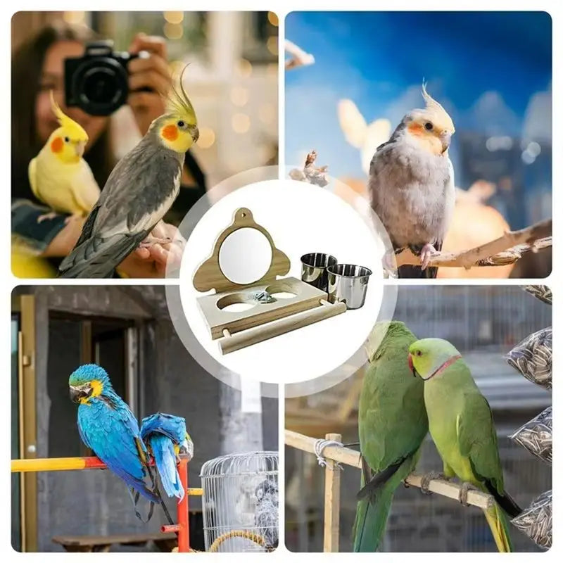 ABKW-Parrot Perch Wooden Parakeet Mirror Bird Parrot Perch With Mirror And Feeding Cups Cage Play For Lovebird Vue