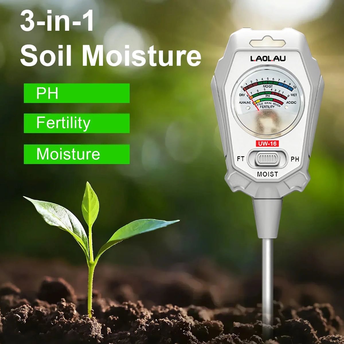 3 in 1 PH Meter Soil Moisture Meter Sensor Fertility Test Tool For Indoor/Outdoor Gardening Plant Moisture/Fertility/PH Testing Vue