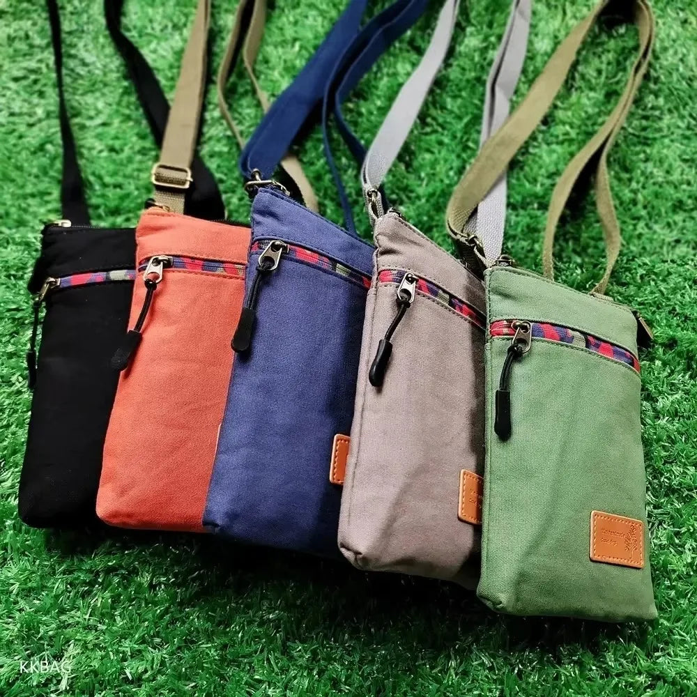 Solid Canvas 3 Layer Crossbody Cell Phone Bag Simple Cloth Women's