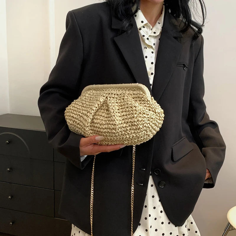 Straw Dumpling Clutch Bag Woven Tote Purse Women Summer Beach Wicker