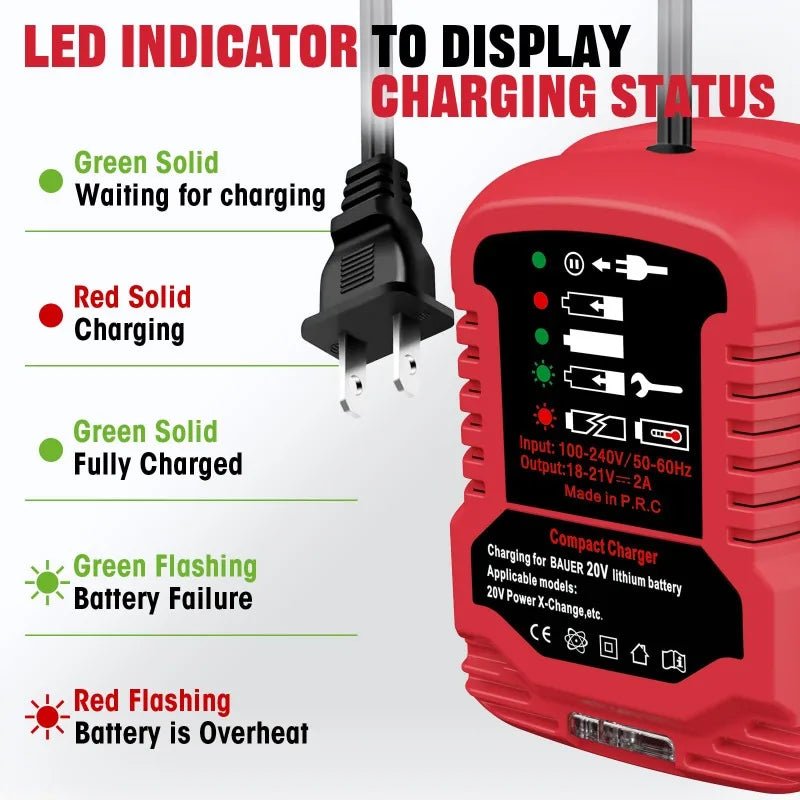 Portable Battery Charger Wireless Power Tool Spot Charger Compatible for Bauer 20V Lithium Batteries Mini Fast Charger US Plug Vue