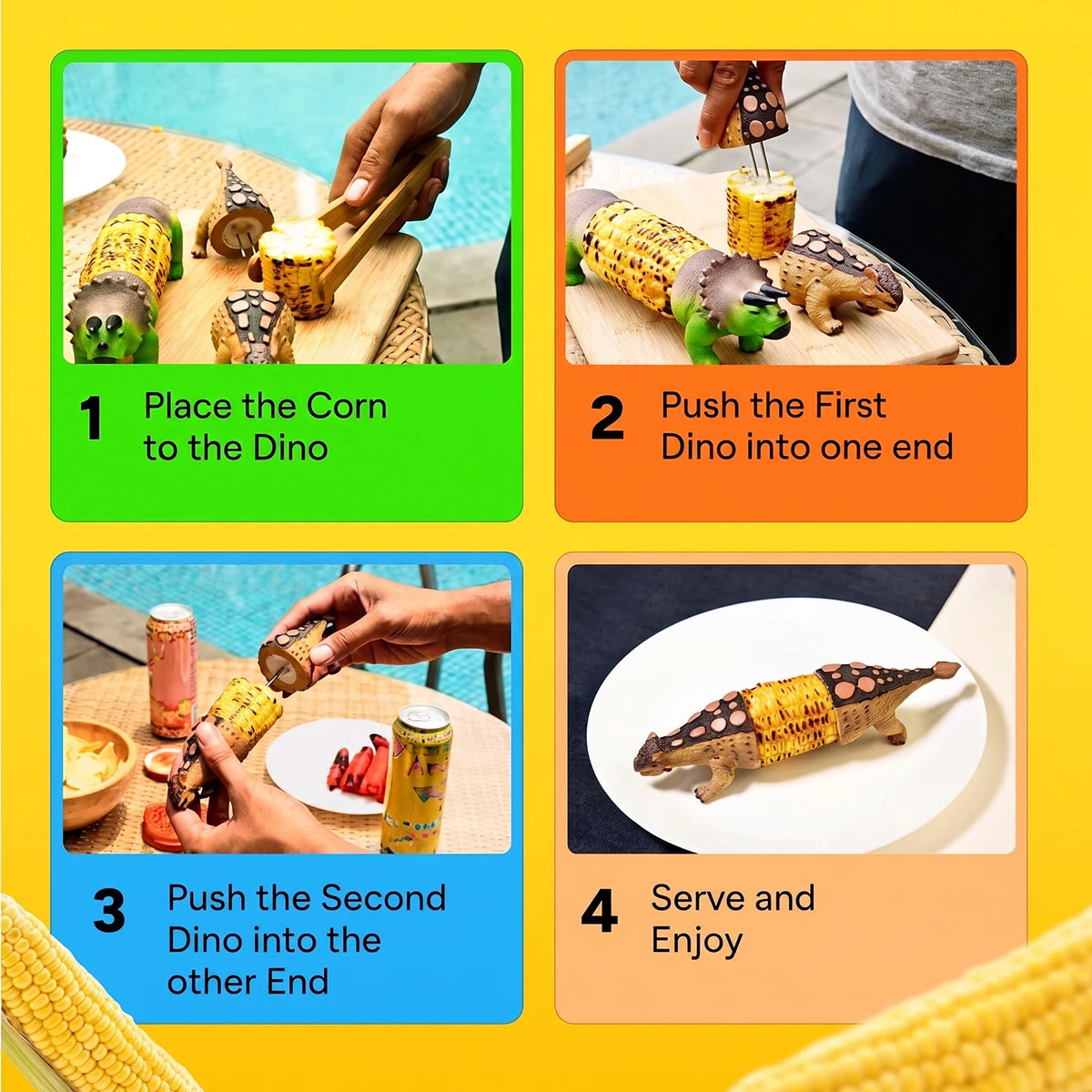 Dinosaur Corn Cob Holders – Reusable BBQ Set with Steel Prongs Corn Cob Holders Vue