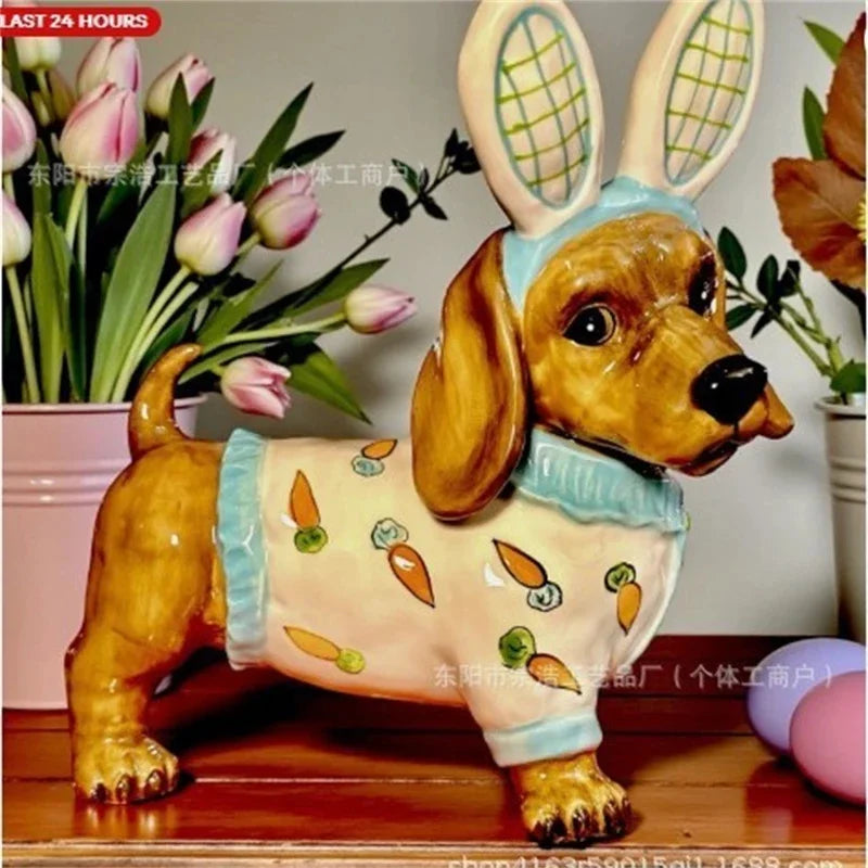 Easter Bunny Statue Dachshund Resin Figurine Cute Hand Painted Dog Ornament Table Centerpiece Home Display Gift For Women Kids Vue