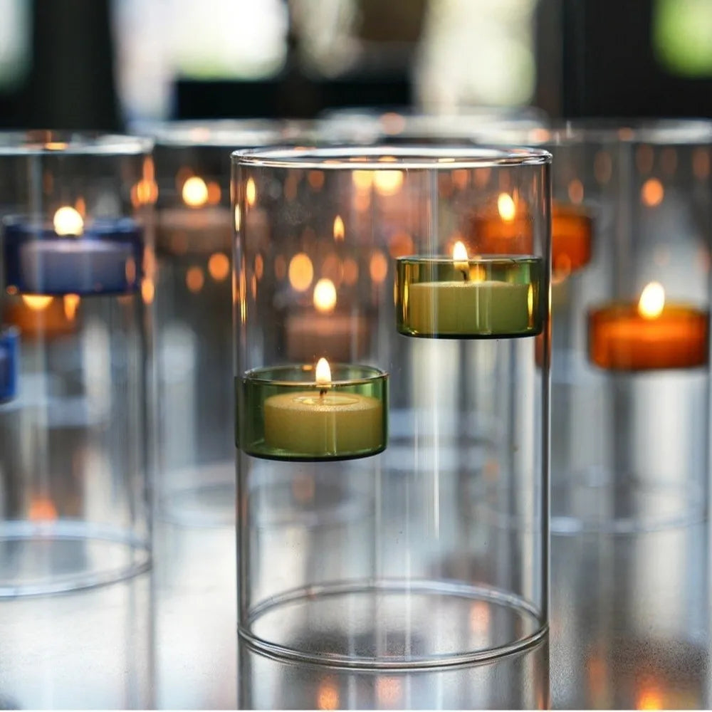 Cylinder Shape Glass Tealight Candle Holder Romantic Exquisite Windproof Candlestick Versatile Transparent Aromatherapy Holder Vue