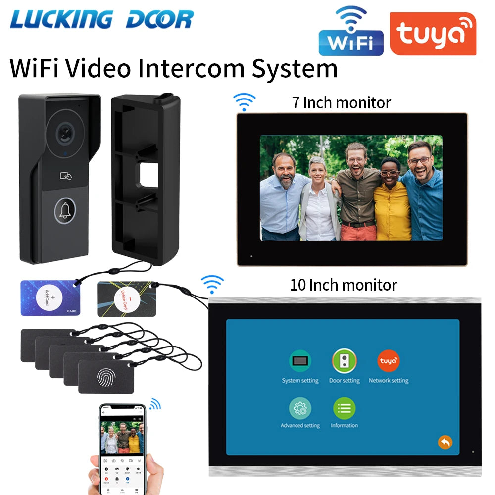 7/10 Inch Video Intercom 1080P Doorbell for Apartment 2-Monitor Kit House Wifi Door Phone Security Home System Swipe Card Unlock Vue