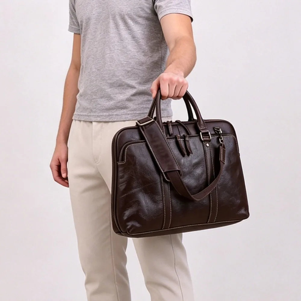 First Layer Cowhide Messenger Bag, New Men's Genuine Leather Business Portable Shoulder Briefcase High Sense Vue