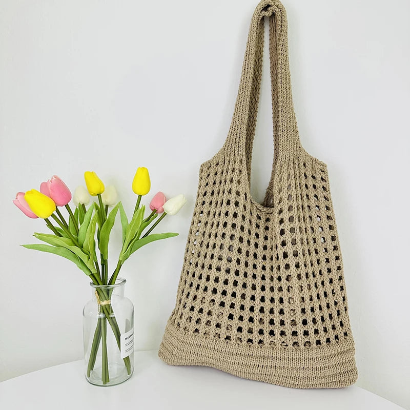 Vintage Hollow Design Woven Women Shoulder Bag Knitting Large Vue khaki