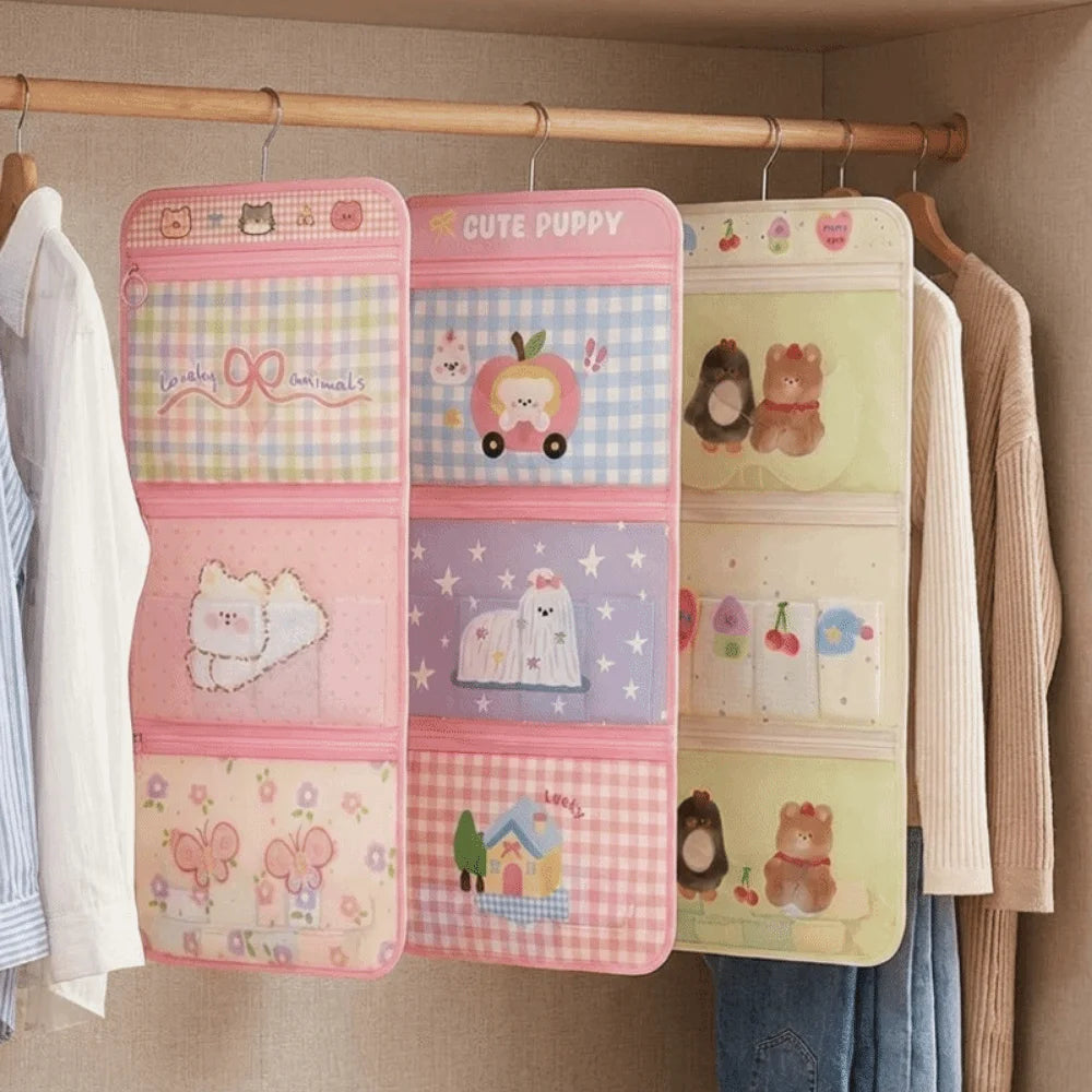 Cartoon Style 3-Layer Hanging Storage Bag Large Capacity Space Saving Underwear Socks Storage Bag Mesh Pockets with Hanger Vue