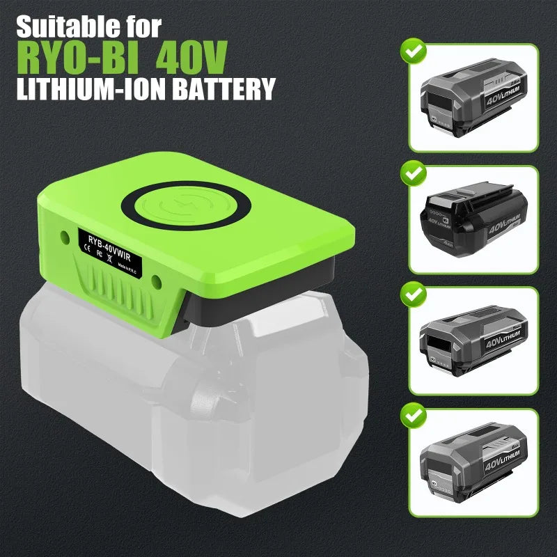 Portable Wireless Charging Adapter Compatible with For Ryobi 18/40V Li-ion Batteries with USB and Type-C Ports Ideal for Camping Vue