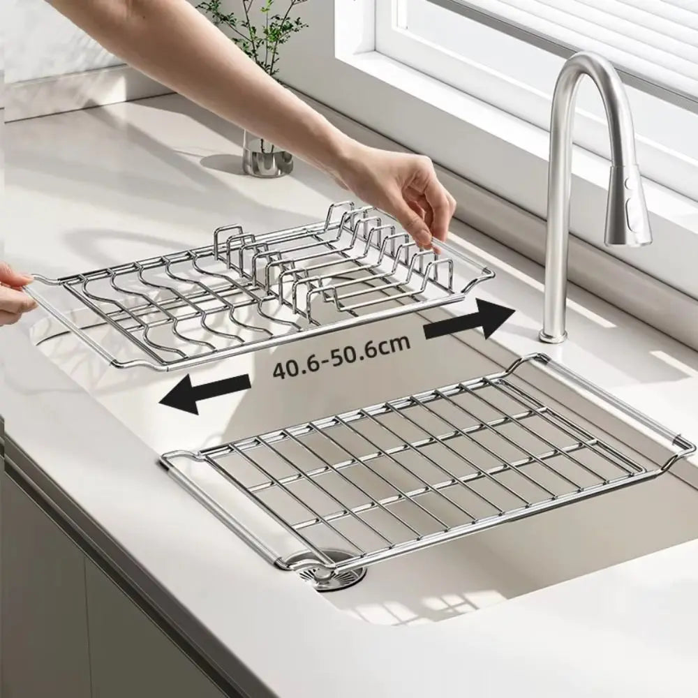 Stainless Steel Expandable Dish Rack Rustproof Non-slip Kitchen Sink Organizer Rectangular Multifunctional Bowl Drain Shelf Vue