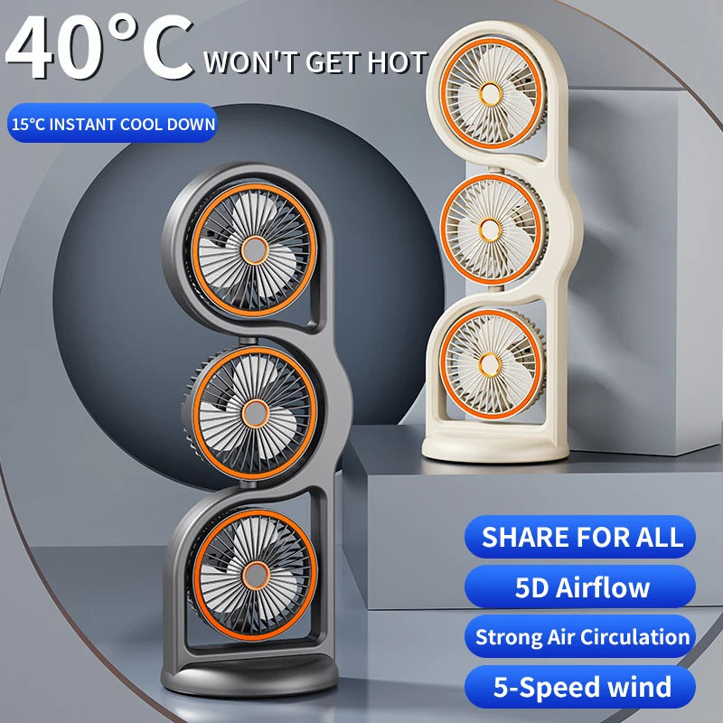 Portable USB Rechargeable 3-Head Desktop Fan 360 Rotation Circulating Vue