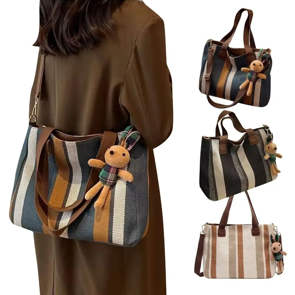 New Cloth Striped Tote Bag Detachable Strap Adjustable Shoulder Bag Dual Handles with Rabbit Pendant Handbag Office Vue